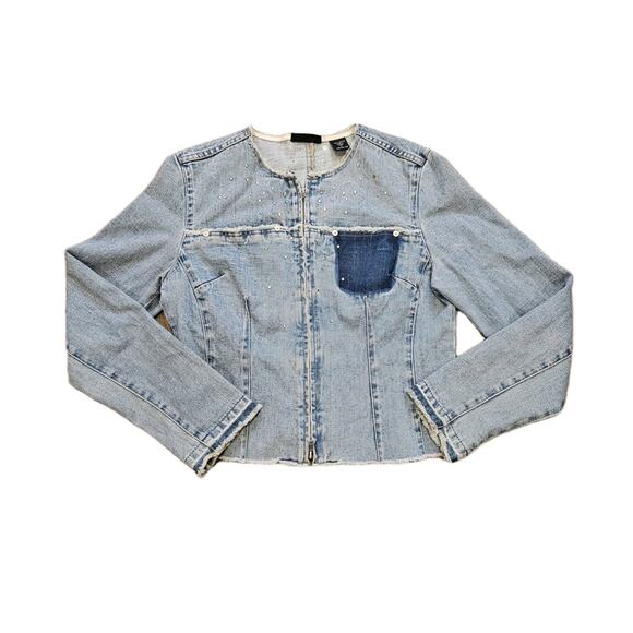 Vtg Express Denim Jacket Womens L Raw Hem Rhinestones 90s Festival Scene Grunge - Picture 1 of 9
